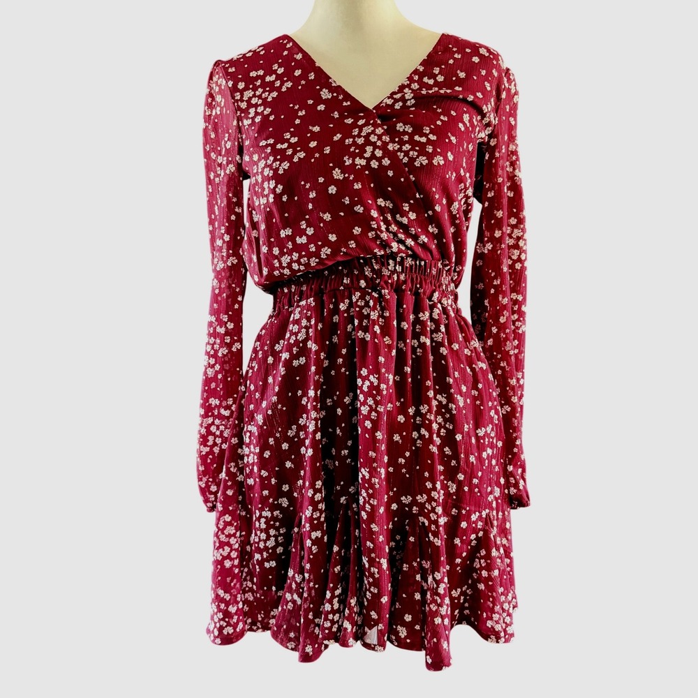 NWT Francescas Burgundy Floral Print Long Sleeve Wrap‎ Dress XS Sheer Ruffle Hem